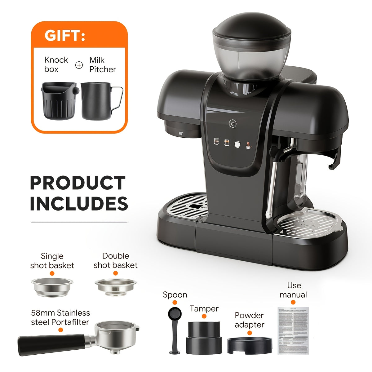 [Italian Espresso Machine] 19Bar Italian Espresso Machine Featuring a Conical Burr Grinder, a Steam Wand for Frothing Milk, 0.8L Water Reservoir, And a Dual Boiler Heating System, Capable of Preparing Cappuccinos, Lattes, Iced Coffee, And Americanos
