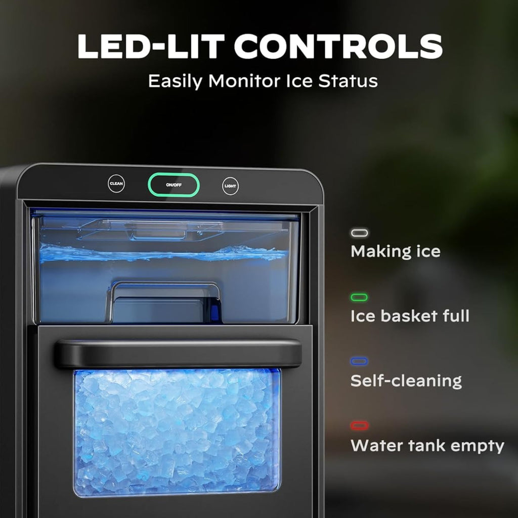 44 LBS Nugget Ice Maker Machine, Desktop ice maker, with front-pull-out water tank and removable basket, suitable for home/ kitchen/ camping, stainless steel