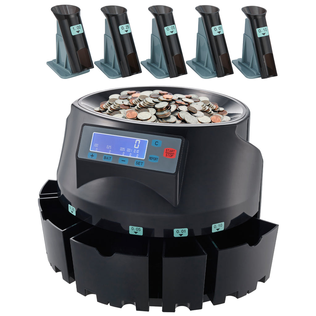 VEVOR USD Coin Counter & Coin Sorters with LCD Display, Coin Sorter Machine for USD Coin 1 5 10 25 1, Sorts up to 300 Coins/min, Change Counter Holds 2000 Coins Included 5 Coin Bins & 5 Tubes