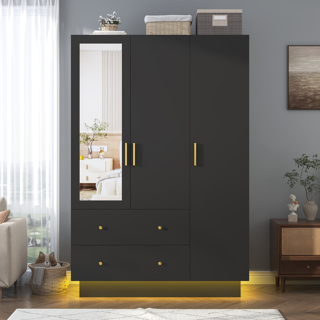 3 Doors Armoire Wardrobe Closet with Mirror, LED Armoire with Doors And Drawers, Wooden Armoire Storage Cabinet with Hanging Rod, Adjustable Shelves