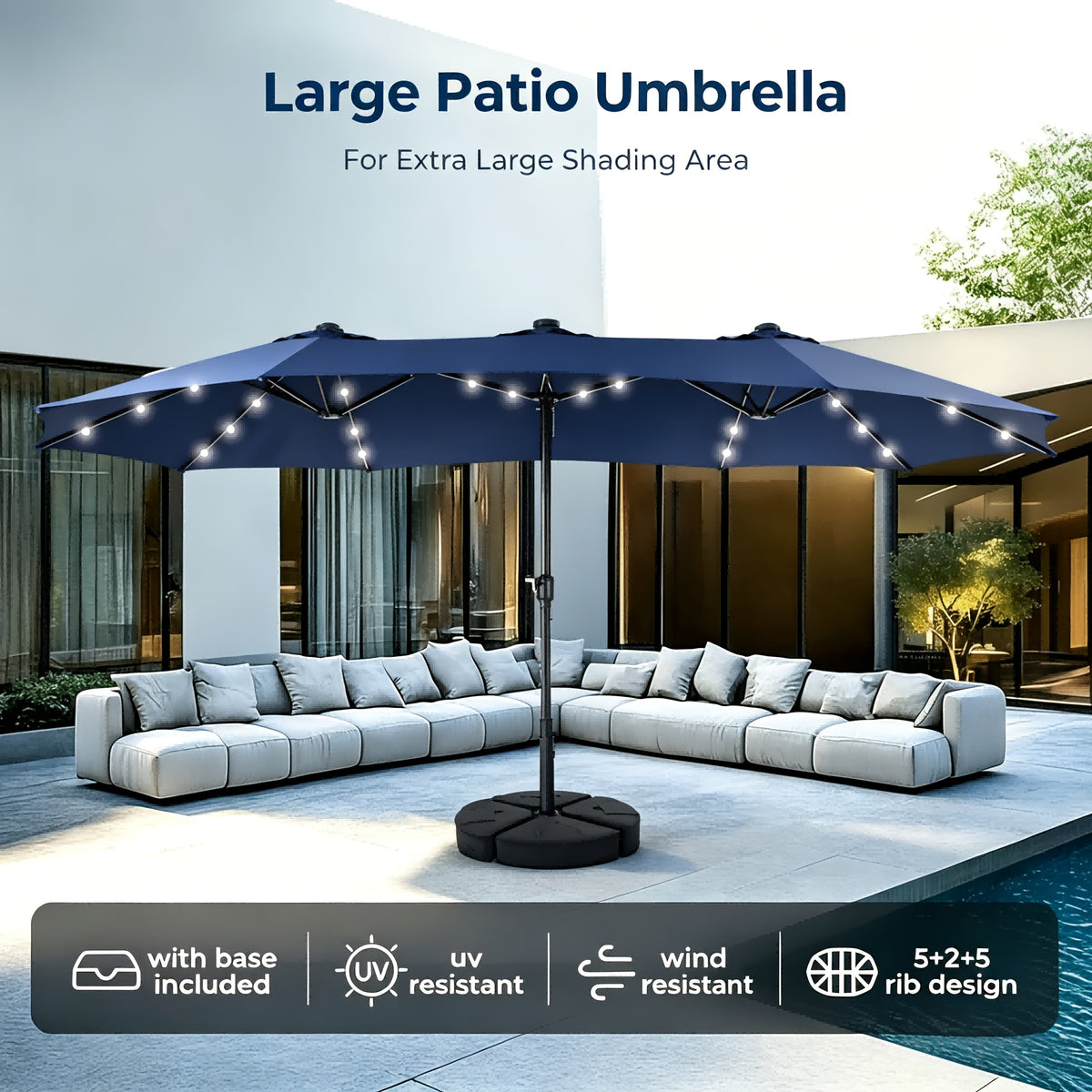 13-foot Double-sided Patio Umbrella with Solar Lights, Includes Base Stand, Large Outdoor Patio Umbrella with Crank Handle, Oversized Outdoor Market Umbrella, 12 Heavy-duty Ribs, Suitable for Outdoor, Market, Patio, Deck, Pool, Backyard, and Other