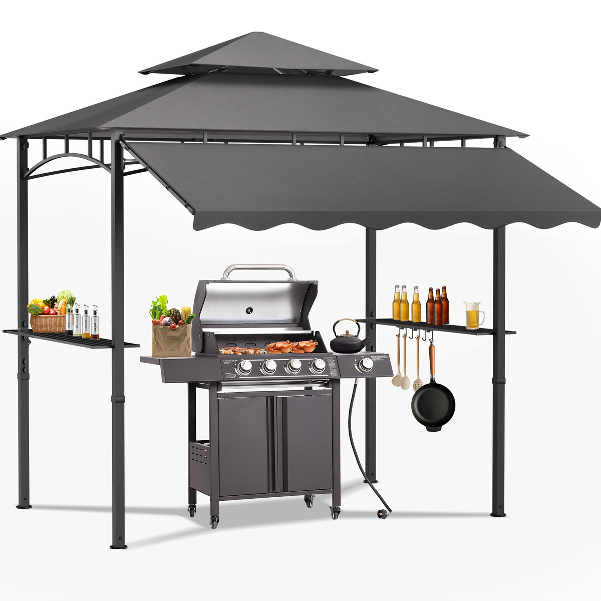 8'X7.8' Grill Gazebo Canopy - Sturdy Steel Structure, Two-Tiered Canopy for Outdoor Grilling with Shelves, Ceiling Hooks, And Ground Stakes, Outdoor Patio Canopy Tent BBQ Gazebo for Your Backyard