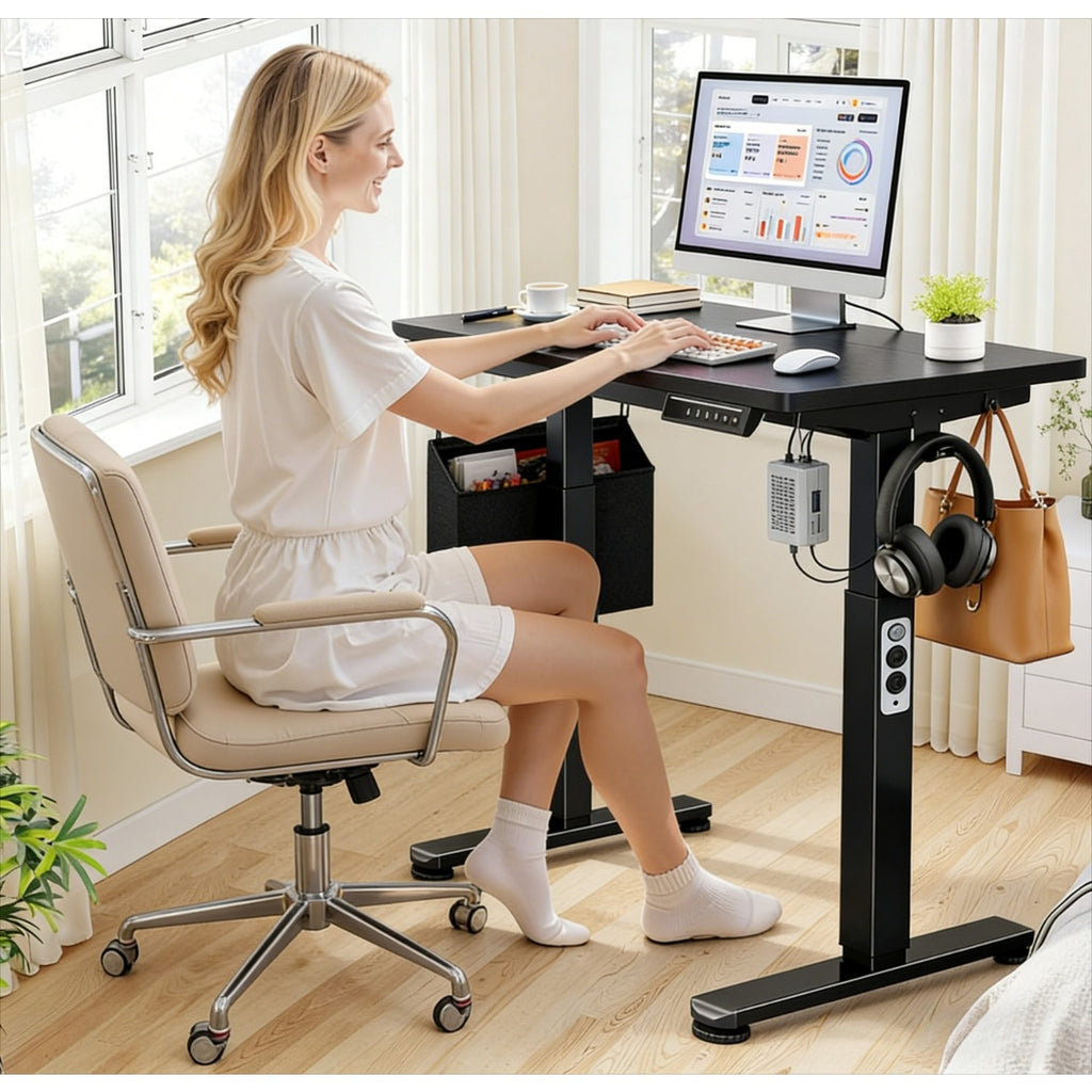 Height Adjustable Electric Standing Desk, 65 X 28 Inches Sit Stand up Desk, Memory Computer Home Office Desk, Black/Brown
