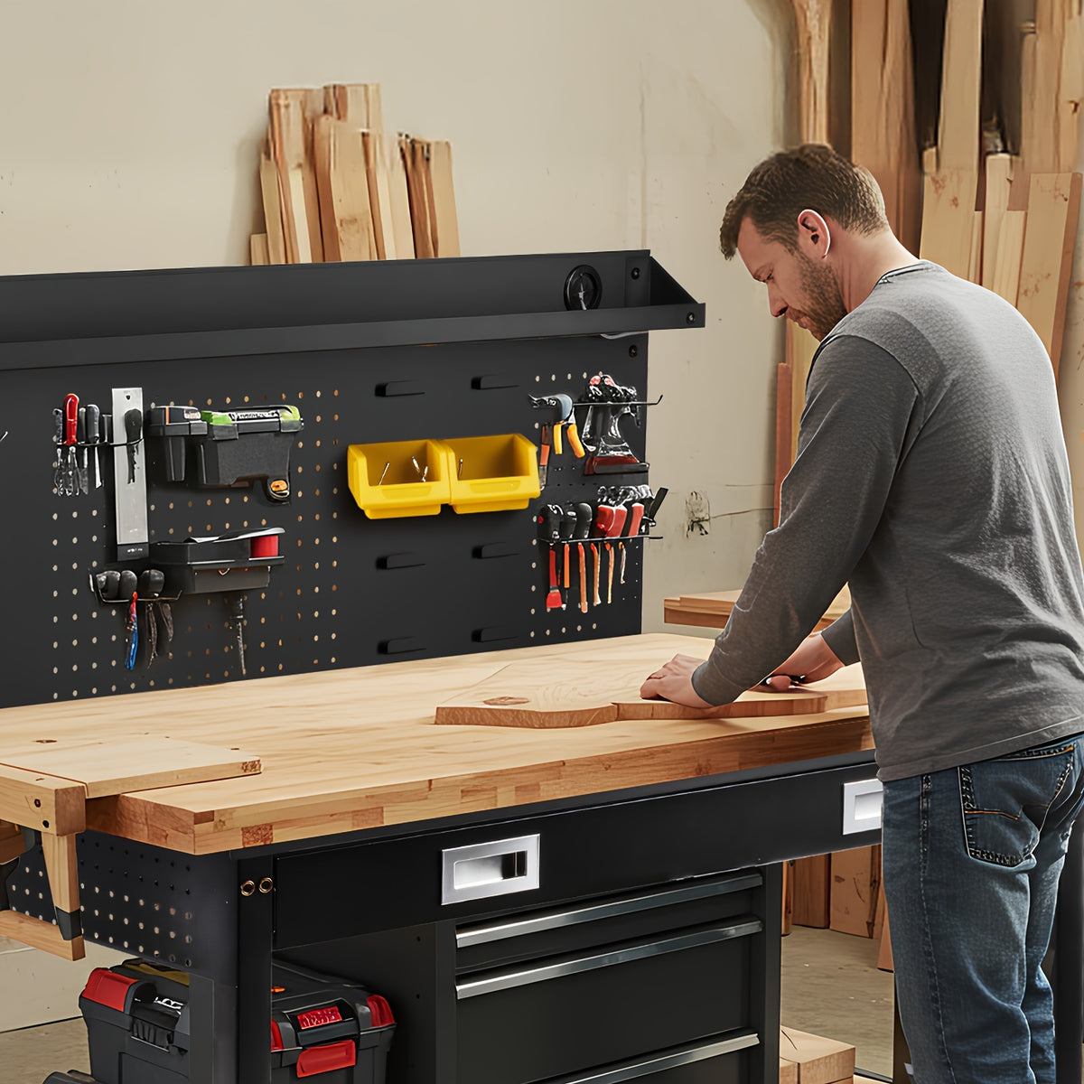 60"× 22" Garage Workbench with Drawers & Pegboard -- Adjustable Heavy Duty Table with Power Strip, Strip Light & Thick Rubber Wood Top, 2000LBS Load Capacity for Workshop, Office, Home Garage