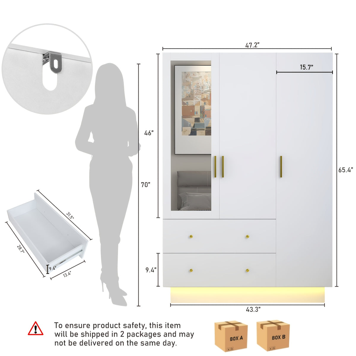 3 Doors Armoire Wardrobe Closet with Mirror, LED Armoire with Doors And Drawers, Wooden Armoire Storage Cabinet with Hanging Rod, Adjustable Shelves