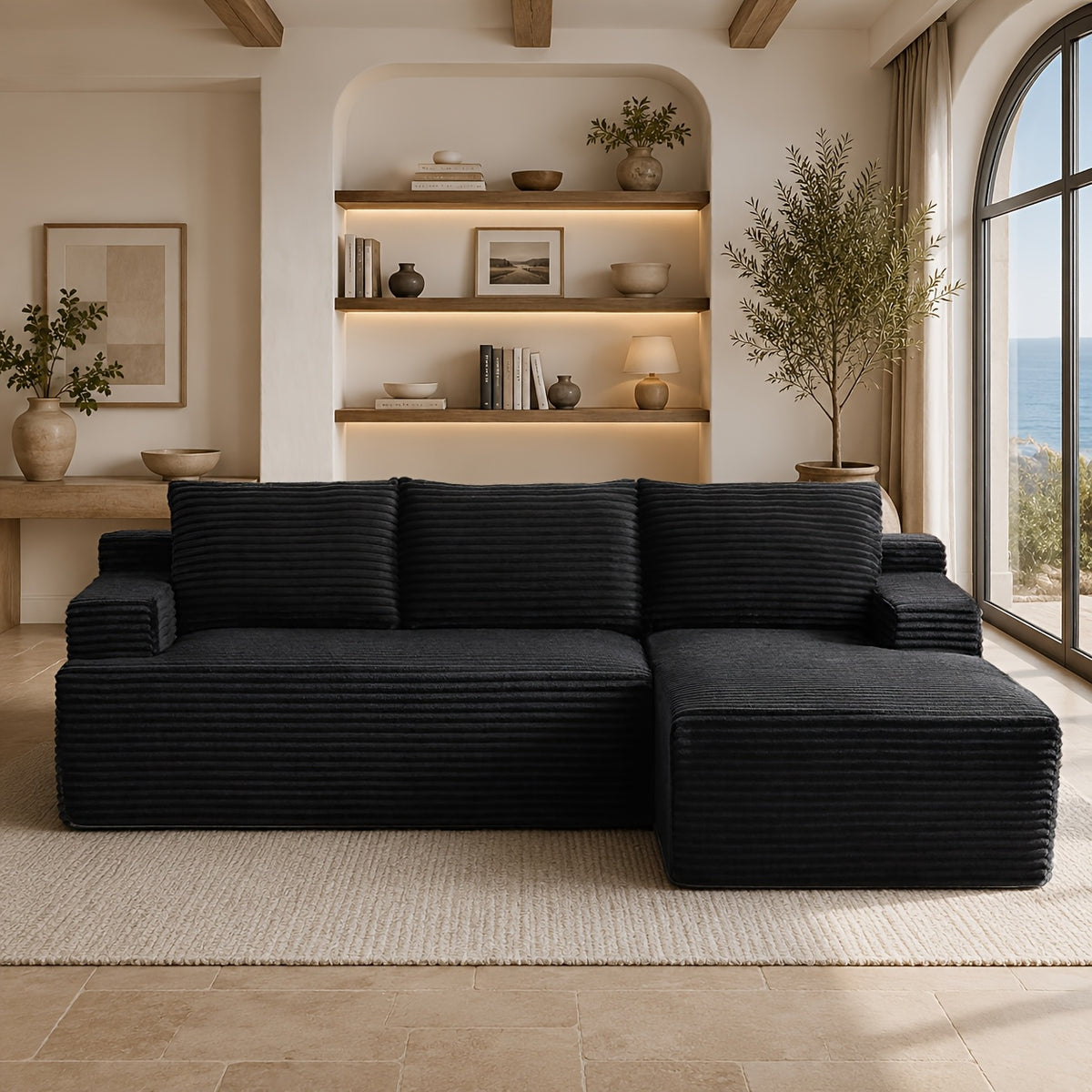 L-Shaped Cloud Sofa, 3-Seater Corduroy Sectional Couch with Oversized Chaise, Deep Seat Modular Sofa, No Assembly Required, Modern Couch for Living Room & Bedroom