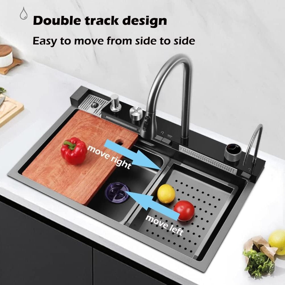 BRONCHO 33X22 INCH Two Waterfalls Nano Kitchen Sink, Stainless Steel Smart Kitchen Sinks, Multifunctional Workstation Kitchen Sink with Digital Display Pull-Out Faucet and Accessories