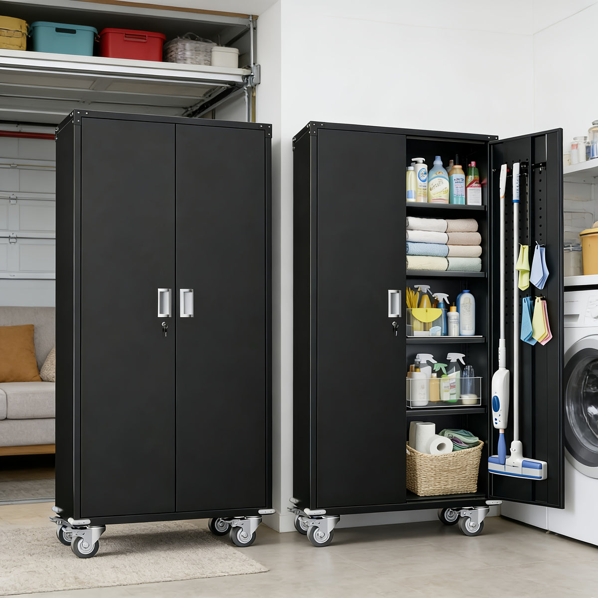 75''/72''*32''*16" Metal Pulley Office Storage Cabinet, Rollable Metal Cabinet, with Wheels, Locking Door And Adjustable Shelves, Suitable for Steel Tool Cabinets In Home Offices, Garages, And Warehouses, Black/White