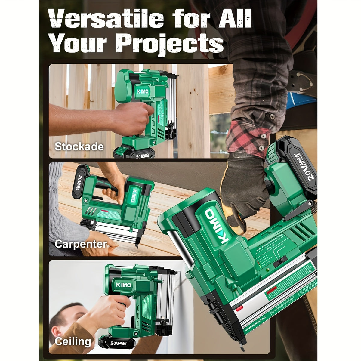 KIMO 20V Brushless Cordless Brad Nailer And Staple Gun, 2-in-1 Power Tool Kit with 2 Batteries, Fast Charger, 1000pcs 18G Nails & Staples for Woodworking, Carpentry, And DIY Projects