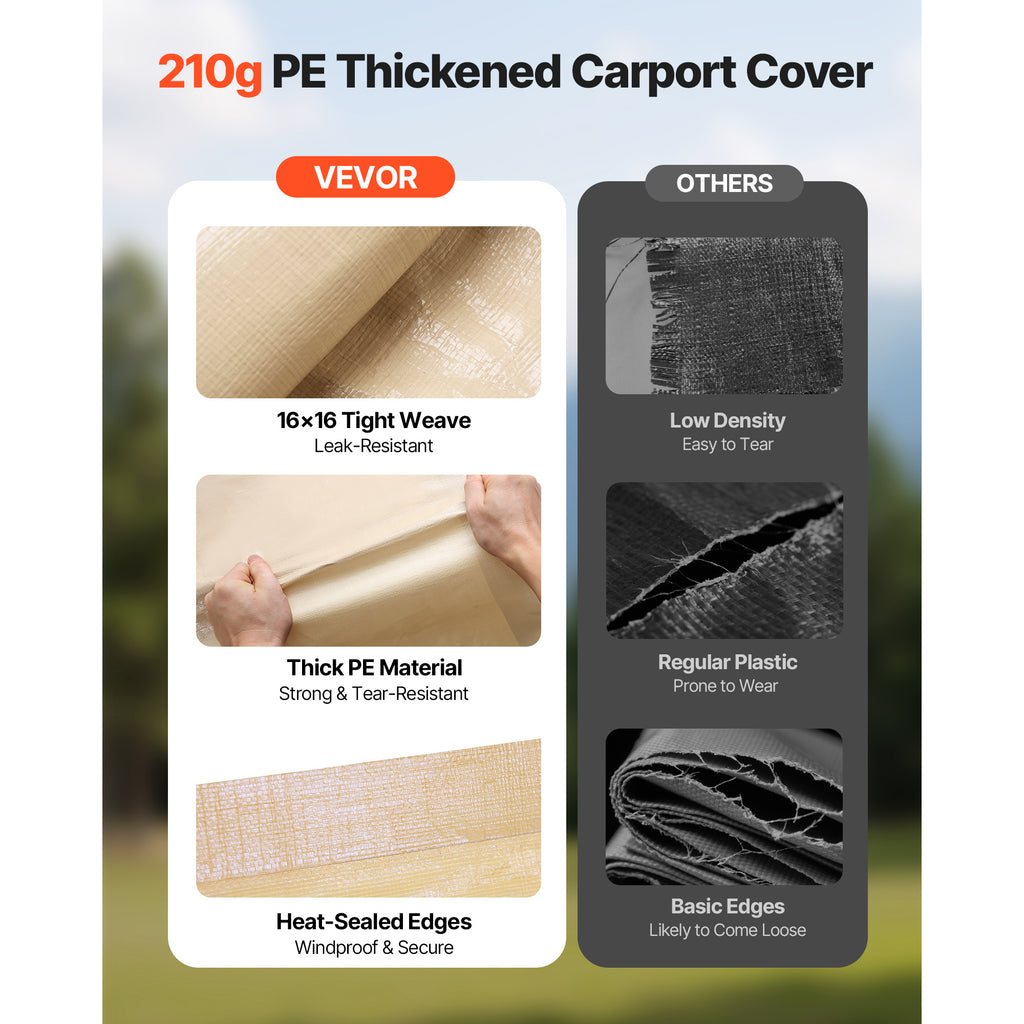 VEVOR Carport Replacement Canopy, 10 x 20 ft / 12 x 20 ft / 13 x 20 ft / 20 x 20 ft Potable Garage Tent Top Tarp with Sidewalls, UV-Resistant & Waterproof, Heavy Duty Car Shelter Tarp with Ball Buggees, Beige / Grey, Frame Not Included