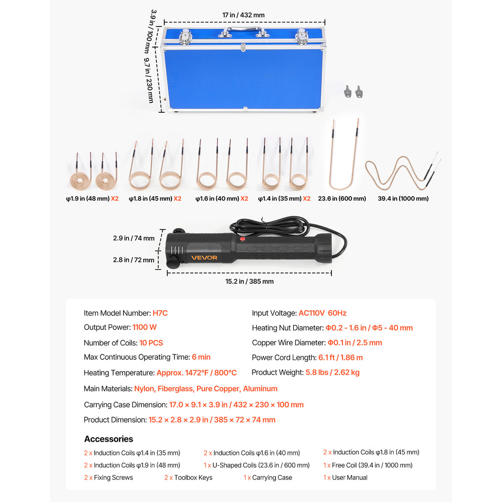 VEVOR Induction Heater Bolt Removal, 1100W 110V Magnetic Induction Heater Kit, Handheld Nut Buster Tool, Mini Heating Machine for Rusty Screw Removing, Car Garage Repairing Tools with 8 / 10 Coil and Box