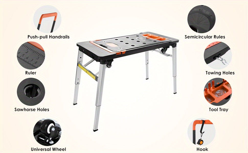 7in 1 Multifunctional Work Benches with Power Outlet, Folding Work Table for Garage, As Portable Workbench, Sawhorse, Scaffold, Platform, Car Creeper, Dolly And Hand Truck, with 4 Wheels, Requires No Assembly