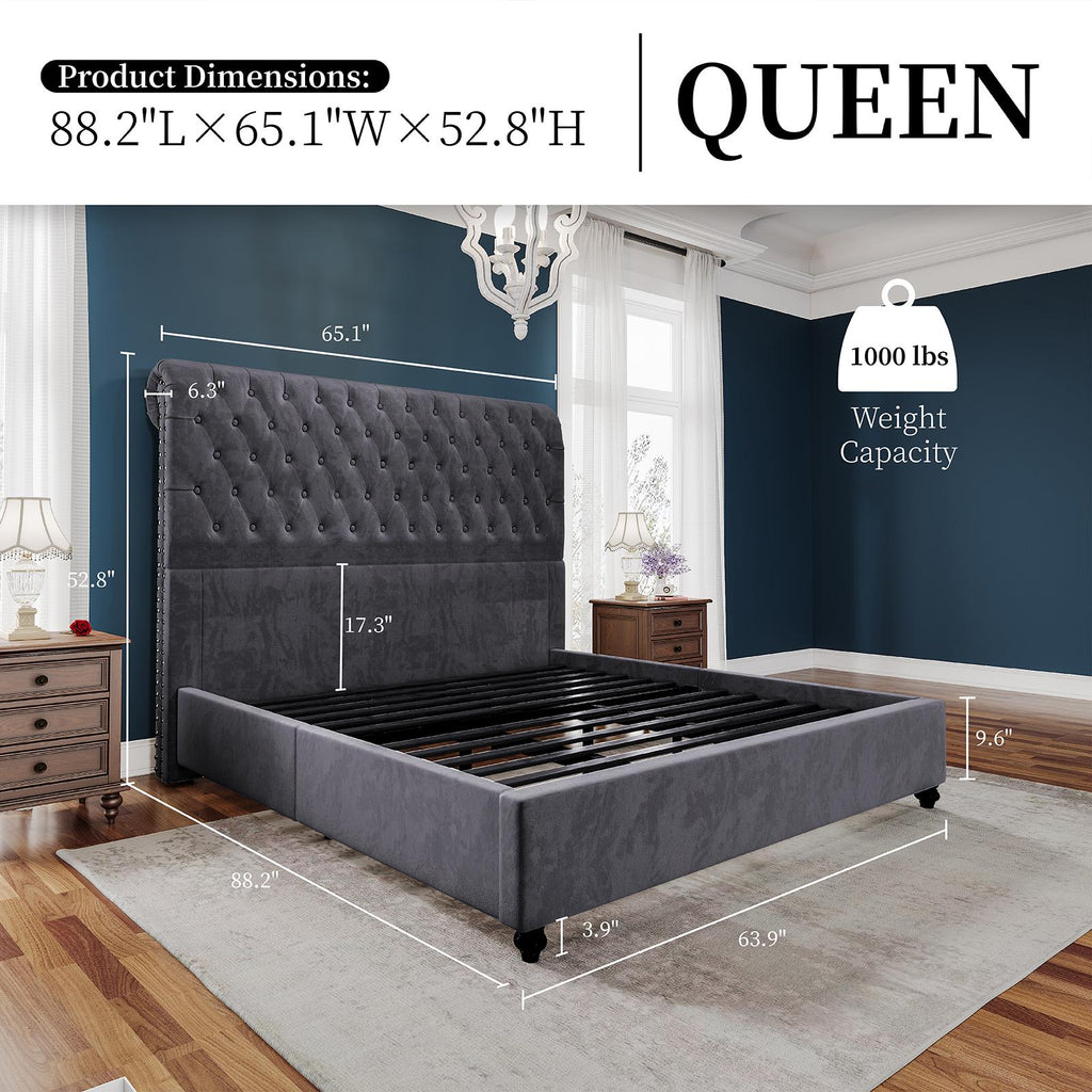 ALBOTT Upholstered Platform Bed Frame With 52.8 Inch Sleigh Headboard- Button Tufted Design, No Box Spring Required, Easy To Assemble