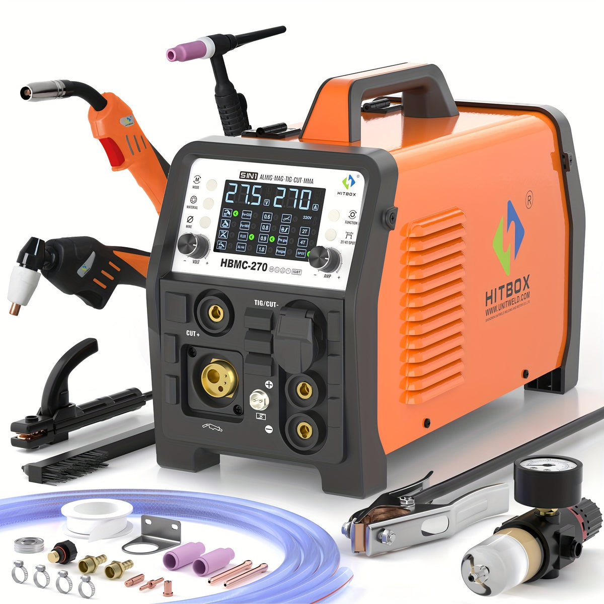 HITBOX 200A 6-In-1 Multi-Process Welder, Gasless MIG/ HF TIG/ Stick/ Plasma Cutter 40A/ Spot Welder, 110V 230V Dual Voltage Welding Machine with Synergy & Large LED Display, Ideal for Home & Auto Repair