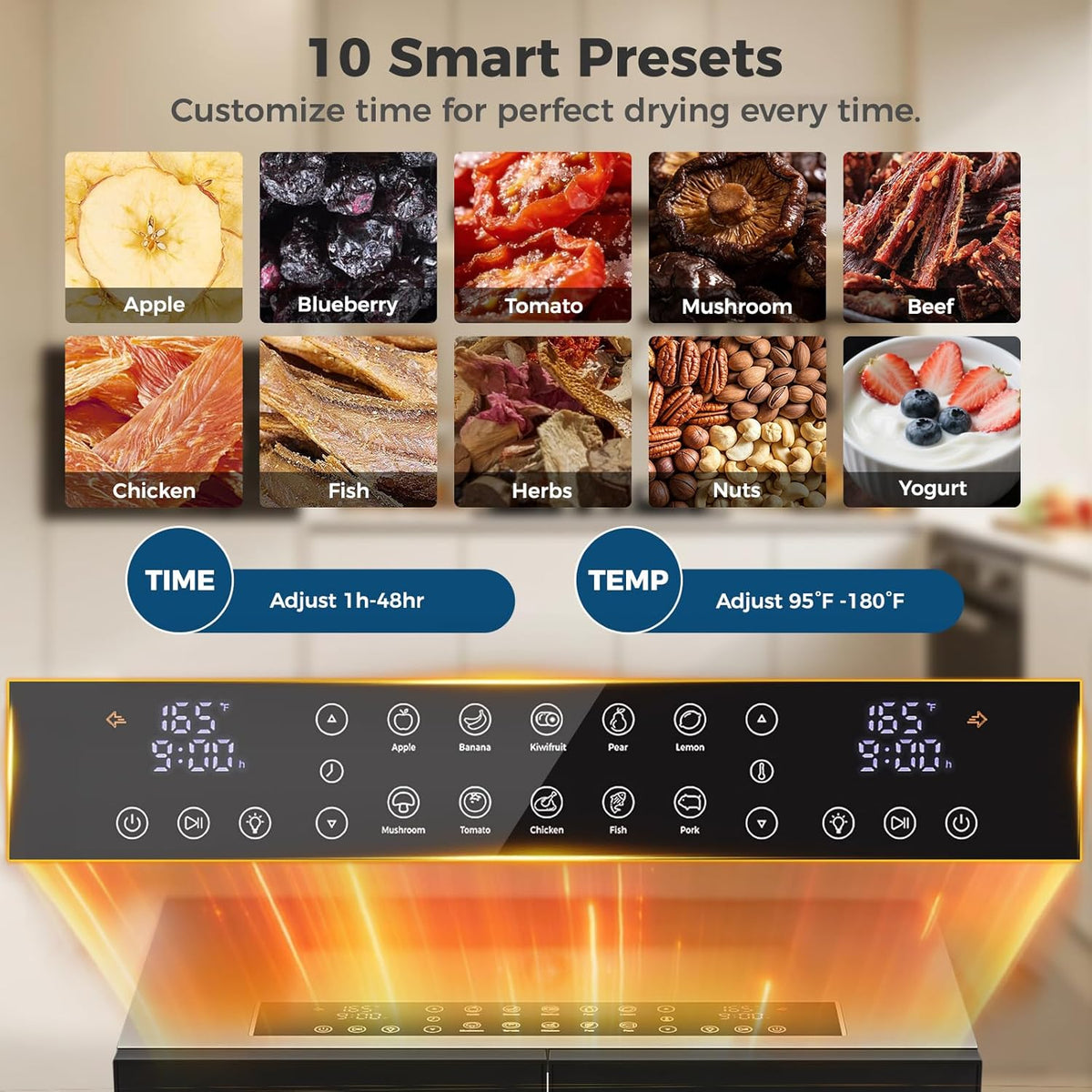 Dual Zone Food Dehydrator, 20 Stainless Steel Trays, 1300W Dual Layer Food Dryer with Recipe, 180°F Adjustable Temp, 48H Digital Timer, 10 Presets for Jerky, Meat, Fruit, Herbs