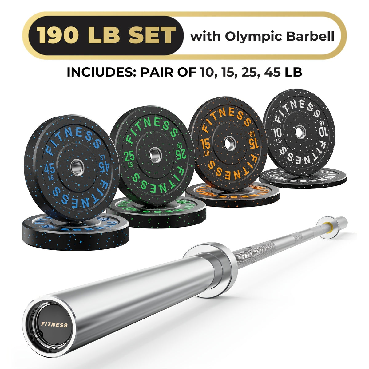 Rubber Bumper Plates with 7ft Barbell, 70LB to 410LB Heavy Duty Weight Plates + 2-Inch Barbell Combo, Bumper Plates with Steel Hub, Home Gym Strength Training for Deadlift Squat Bench Press, 1 Barbell Per Set