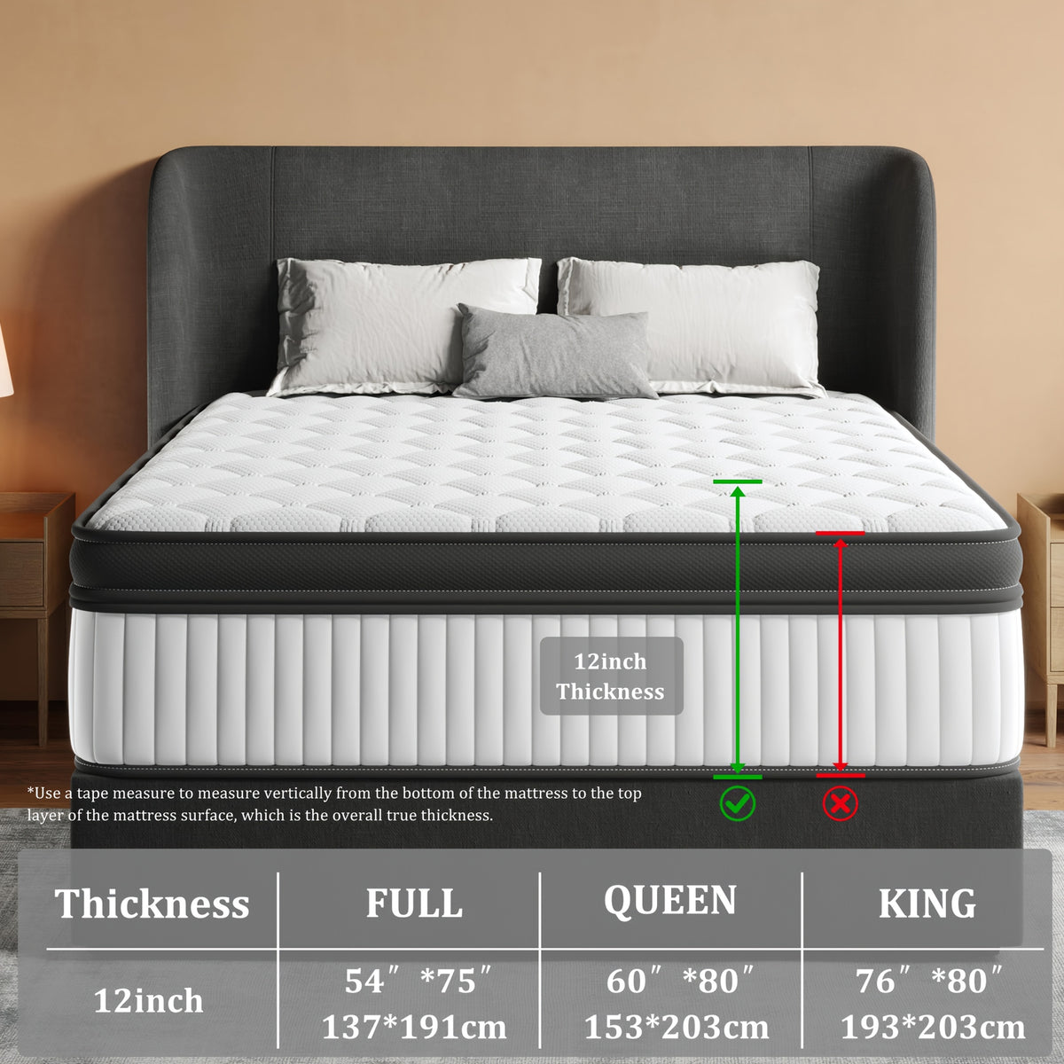 12-inch Full-filled Mattress, Queen Or King Size - Full-size Mattress with Memory Foam And Independent Springs, Medium-firmness, Suitable for Heavy Sleepers - Durable Mattress, Comfortable Bedroom Style, Ergonomically Designed.