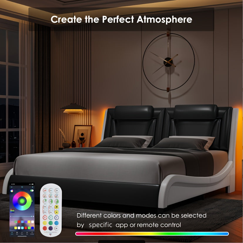 Upholstered Bed Frame Available in Full, Queen, And King Sizes Featuring an Adjustable Headboard, a Wavy Design, a Removable Backrest, And Solid Wooden Slats for Support, Eliminating The Need for a Box Spring, Offered in Faux Leather in White
