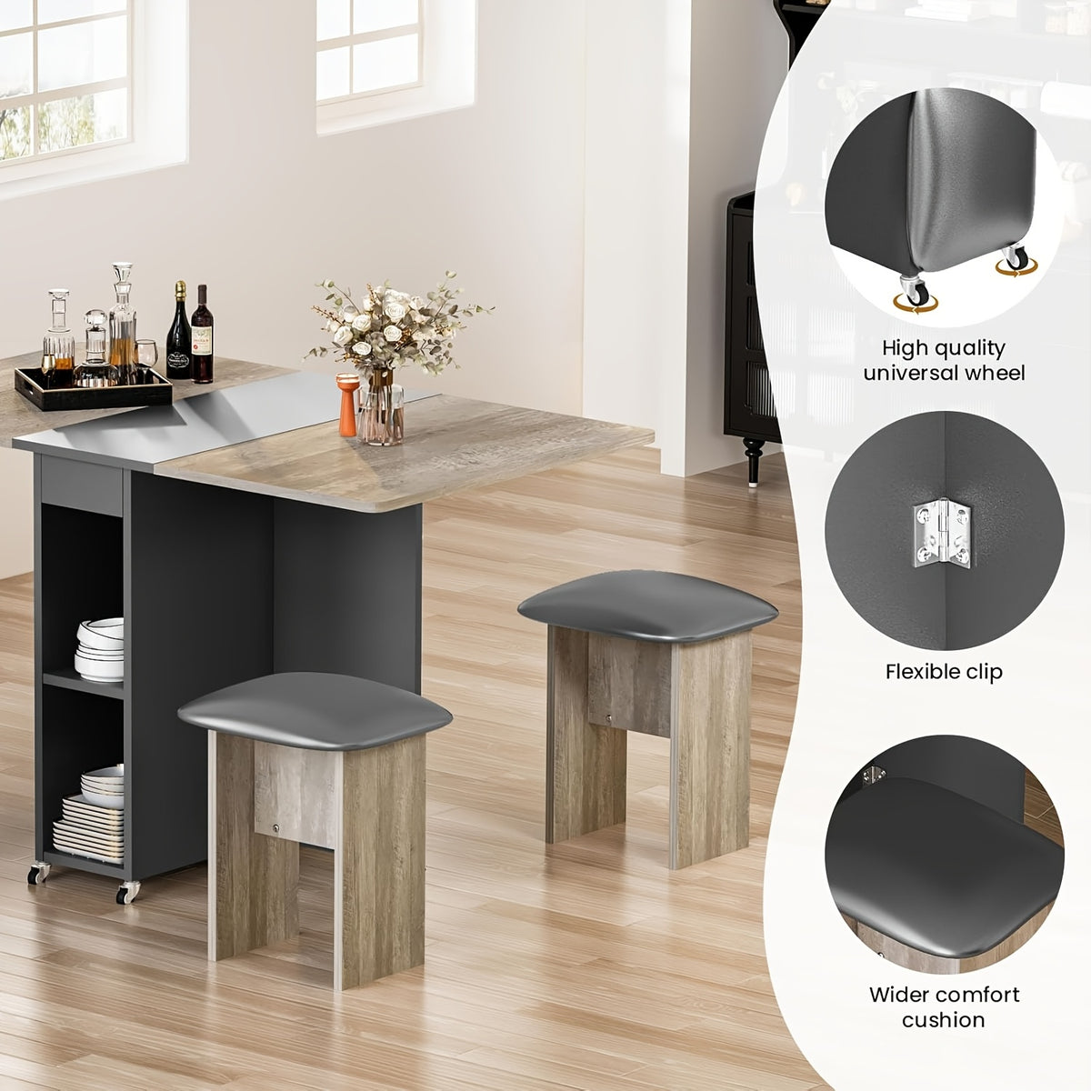 Folding Dining Table Set for 4, Kitchen Table with 4 Faux Leather Chairs And Shelves, Space Saving Wood Rectangle Foldable Kitchen & Dining Room Tables for Small Space with 6 Wheels