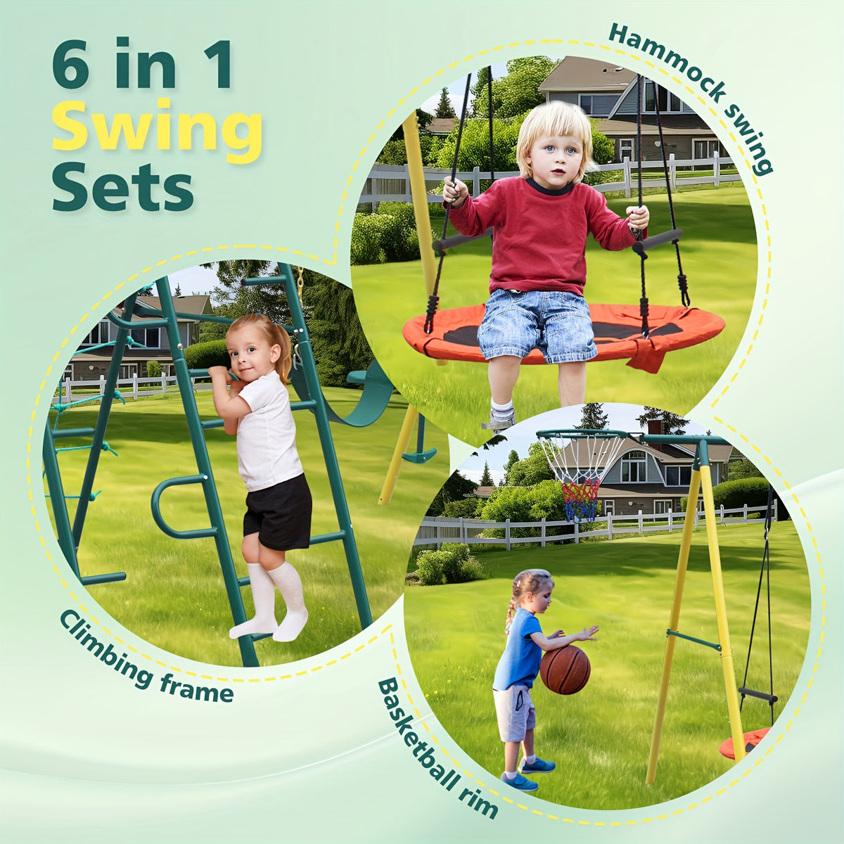 Swing Sets For Backyard With Saucer Swing, Belt Swing, Glider, Climbing Rope, Climbing Ladder, Basketball Rim, 6 In 1 Swing Set