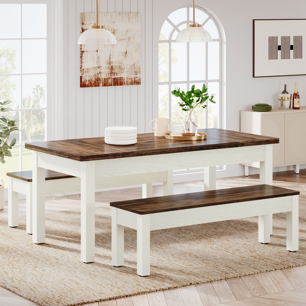 3pcs Dining Table Set with 2 Benches, 55-Inch Wood Kitchen Table Set for 4-6, Farmhouse Space-Saving Dinette for Kitchen, Dining Room
