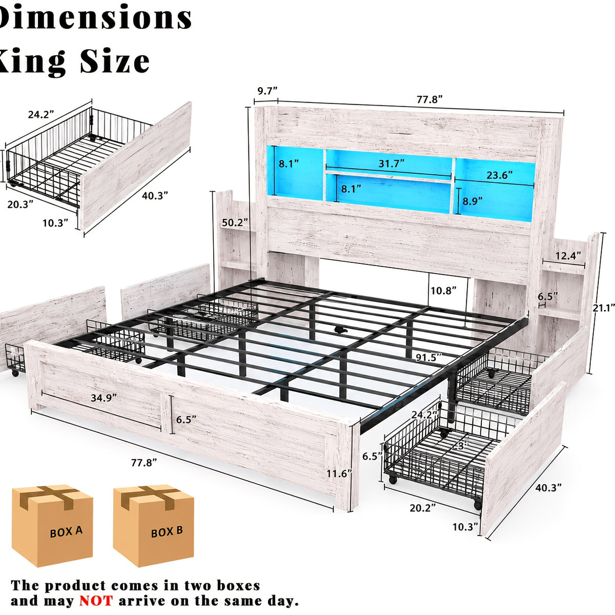 Farmhouse Wooden Bed Frame with 4 Storage Drawers, LED Bed Frame with 49" Tall Bookcase Headboard, Wood Platform Bed with Charging Station And 2 Slide Bedside Shelves