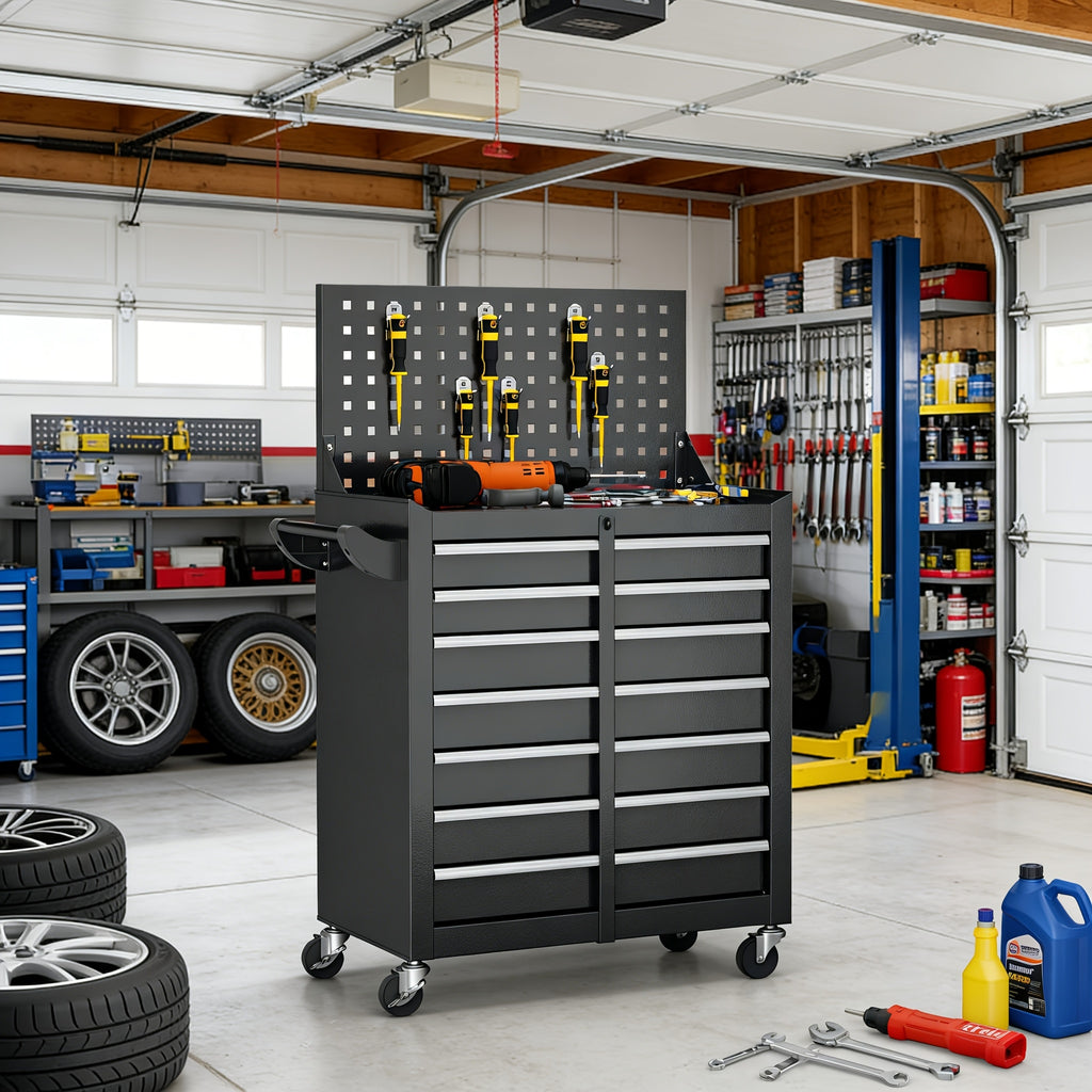7-Drawer Metal Tool Chest, Rolling Tool Chest with Wheels, Tool Cabinet with Top Pegboard And Hooks, Metal Tool Cart with Handle for Garage, Workshop, Warehouse
