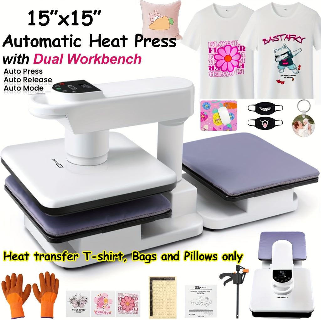 11pcs 8-in-1 - 15"x15"/12"x15" Heat Press Set for T-Shirts, Bags, Pillows, Hats, Beanies, Roller - 12"x10" T-Shirt Machine(Weight 25.35 Lbs) & 15"x15" Auto Single-Workbench & 15"x15" Auto Dual-Workbench Heat Press Only for Cloth, Shirts, Canvas Bags