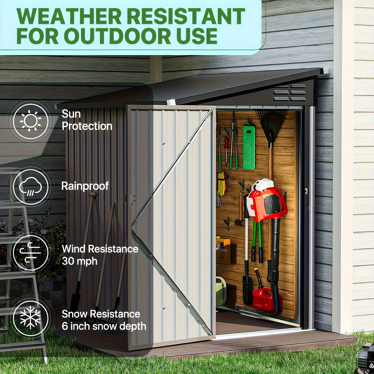 6' X 4' Metal Lean-to Storage Shed, Outdoor Side Storage Cabinet for Patio, Garden, And Lawn (Brown)