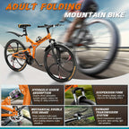 26 Inch Mountain Bike, 21 Speeds Full Suspension Folding Bikes, Dual Disc Brake, High Carbon Steel Frame And Non-Slip Quick Release Tire Bicycle for Adult