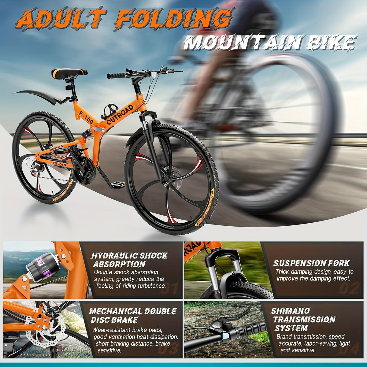 26 Inch Mountain Bike, 21 Speeds Full Suspension Folding Bikes, Dual Disc Brake, High Carbon Steel Frame And Non-Slip Quick Release Tire Bicycle for Adult