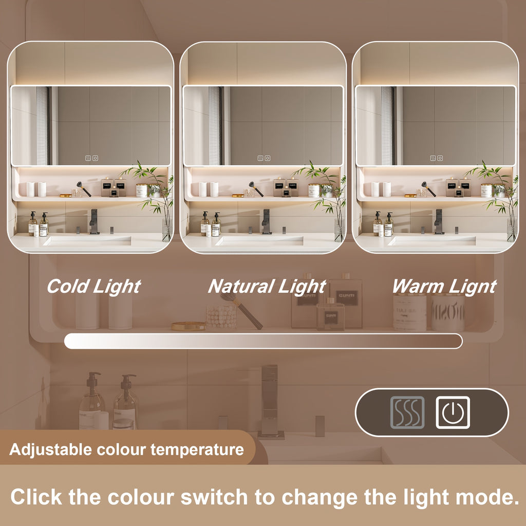 Legend Stone 35"x 28" Aluminum Bathroom Mirror Cabinet with Smart LED Lighting And Defogging, Wall-Mounted Vanity Mirror with Cosmetic Storage Rack And Hair Dryer Holder, Khaki
