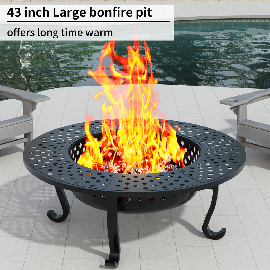 43 Inch Fire Pit with 2 Grills, Outdoor Wood Burning Firepit with Lid, Metal Round Table for Backyard Patio Garden Picnic Camping Bonfire