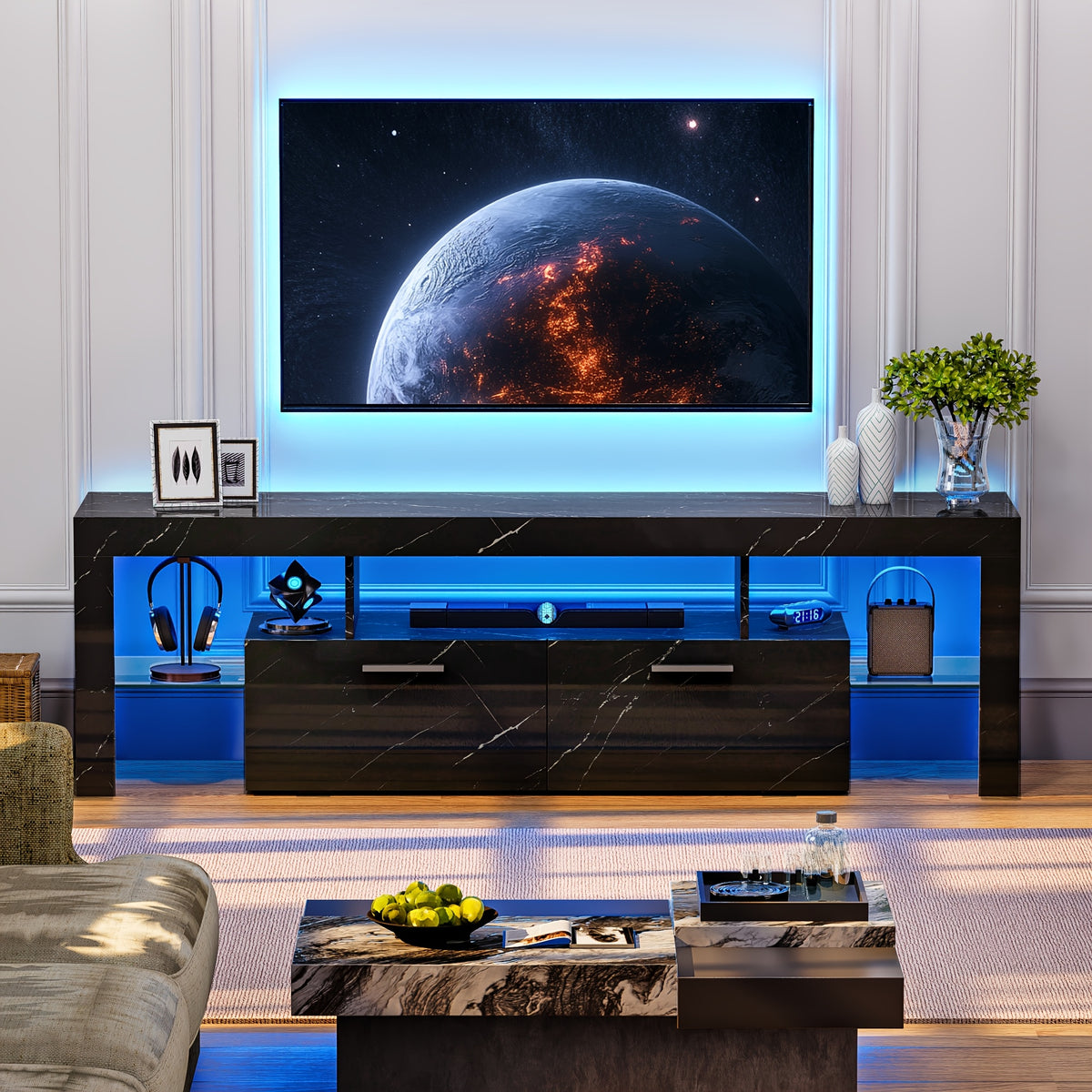 66-Inch LED TV Stand for 75-Inch TVs in White or Black Marble with Drawers and Glass Shelves