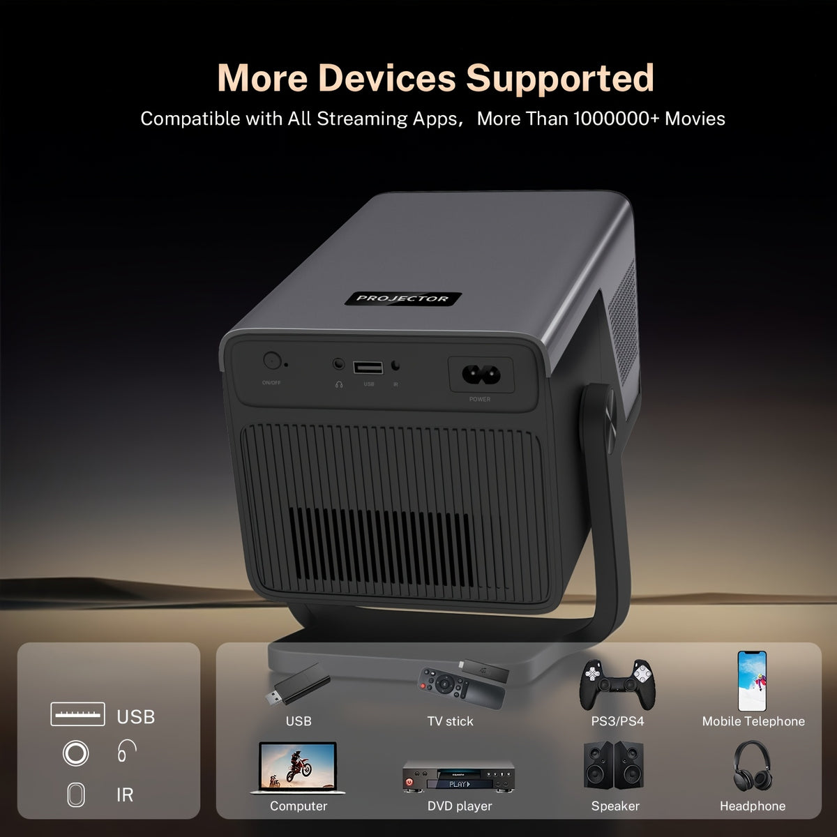 Smart Projector 8K Support Native 1080P, FHD Portable Projector, 5G WiFi And Bt5.4, Auto Focus & Keystone, 1400ANSI, Android 14, Compatible with PS5, Smartphones And Laptops, Perfect Gift!