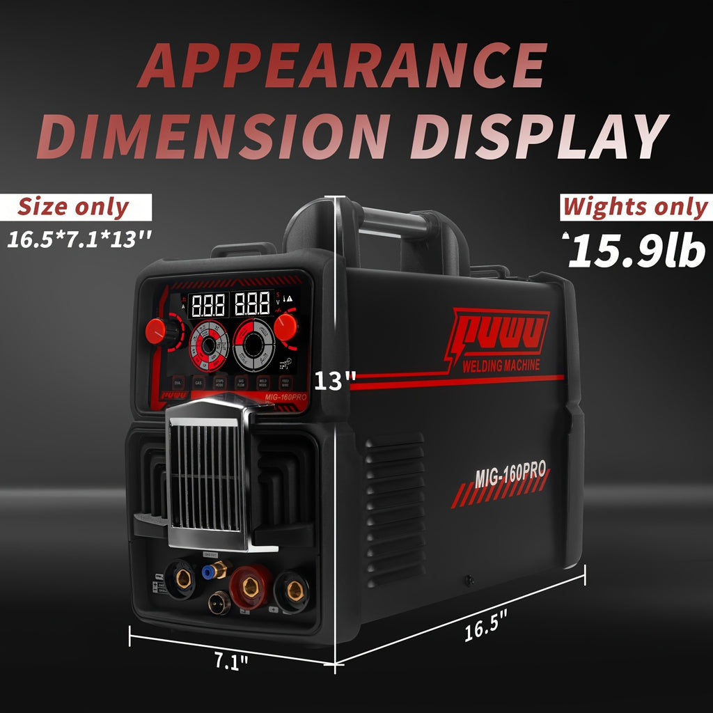 PUWU Gas Gasless 160A Multiprocess MIG Welder, Flux Cored/MIG/Lift TIG/Stick ARC Welder 4in 1 Welding Machine with IGBT Inverter LED Digital Display, Thermal Protection