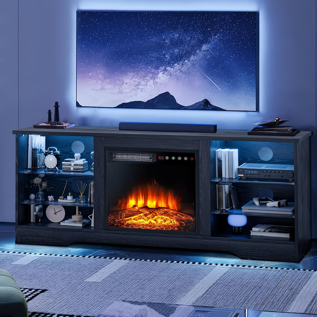 Fireplace TV Stand for TVs Up to 65 Inches Console with 18'' Electric Fireplace & Remote, Adjustable Glass Shelves & Storage Cabinets, Electric Fireplace with Heater, Hardwood/Engineered Wood Construction, Modern Entertainment Center for Living Room