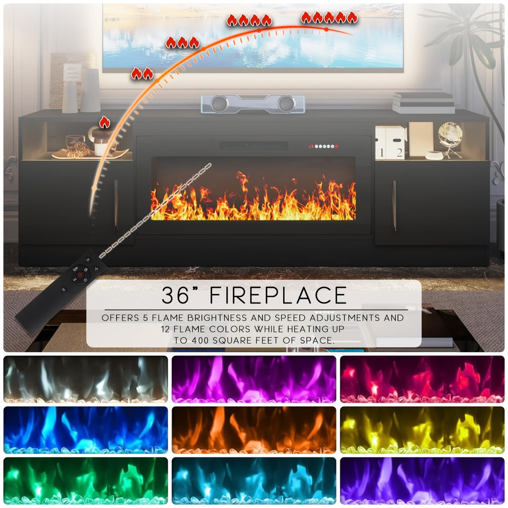80" TV Stand Fireplace with 36" inch Electric Fireplace Up to 90" TVs, LED Light Entertainment Center, 80" Modern Wood High Gloss with Highlight Storage Cabinet for Living Room