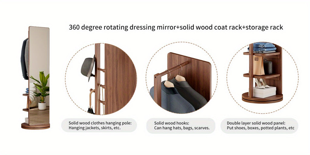 Full Length Mirror with Coat Rack & Storage, 360° Rotating Solid Wood Standing Floor Mirror with Shelves for Bedroom, Entryway, Dressing Room