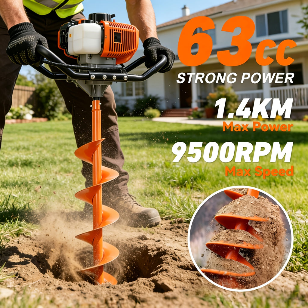 63CC Chisel Hole Excavator, Equipped with 2 Chisel Drill Bits (6 Inches And 10 Inches) And 3 Extension Rods, 2-Stroke Gasoline-Powered Earth Hole Excavator, for Farm Garden Plants