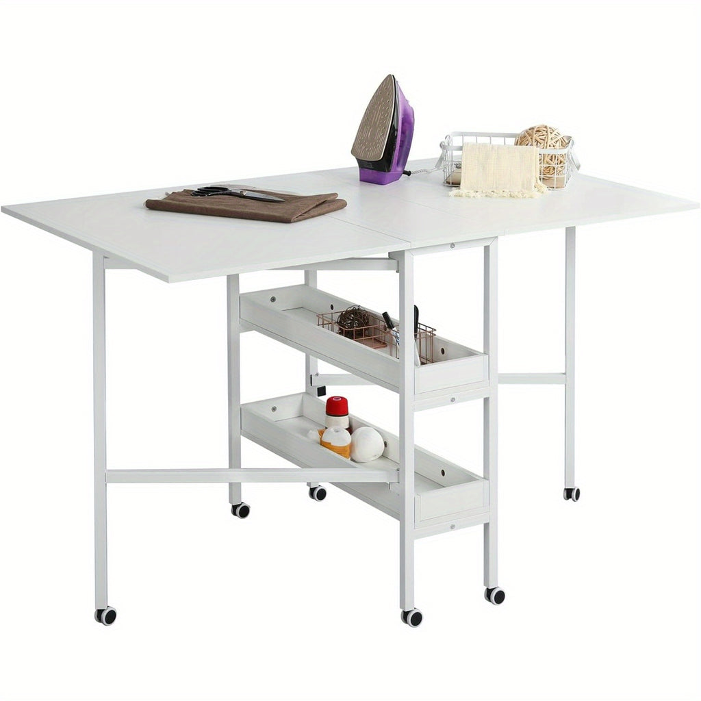 Home Hobby Sewing Table with Storage Shelves, Mobile Folding Cutting Table for Large Fabric, Foldable Craft Table for Home Office & Craft Room