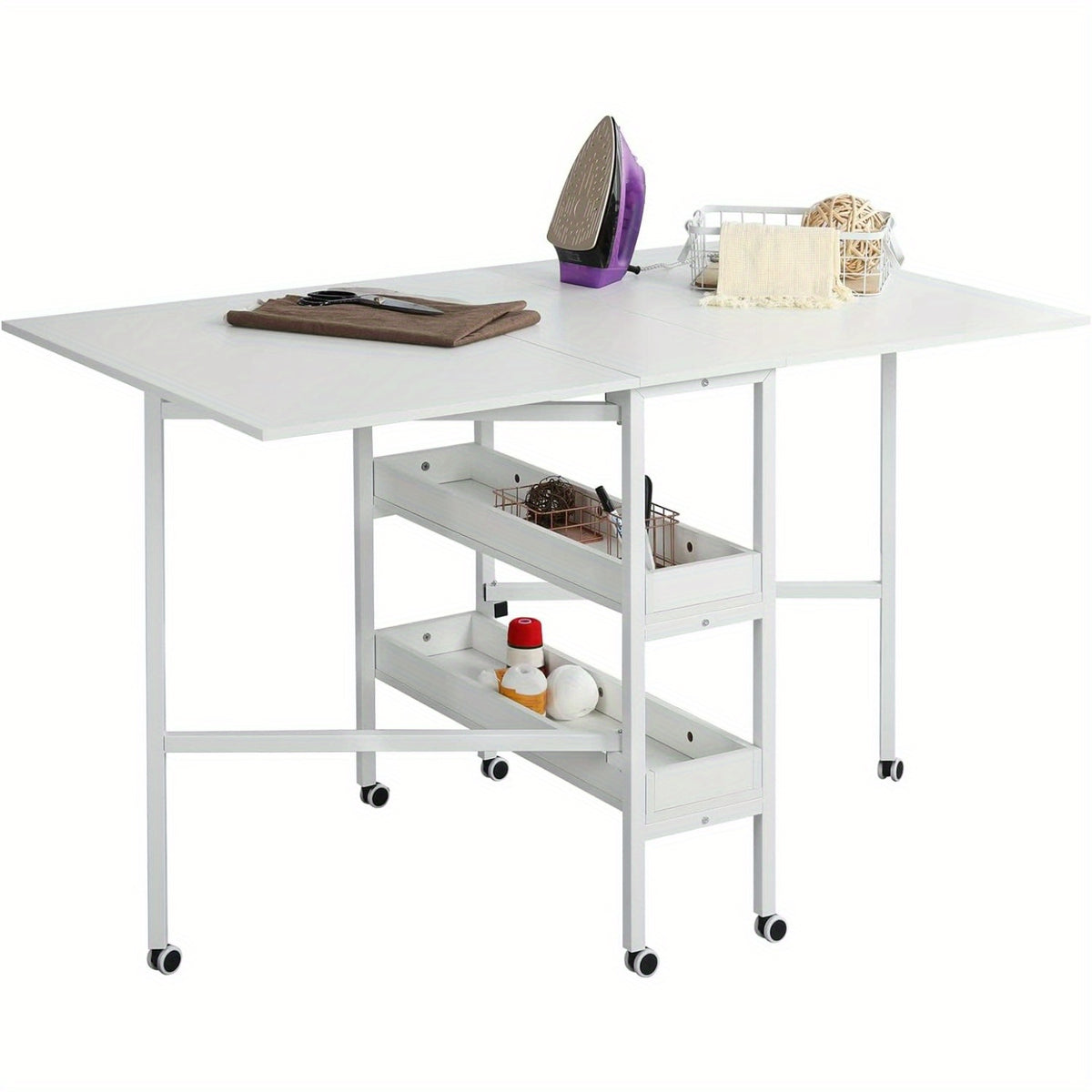 Home Hobby Sewing Table with Storage Shelves, Mobile Folding Cutting Table for Large Fabric, Foldable Craft Table for Home Office & Craft Room