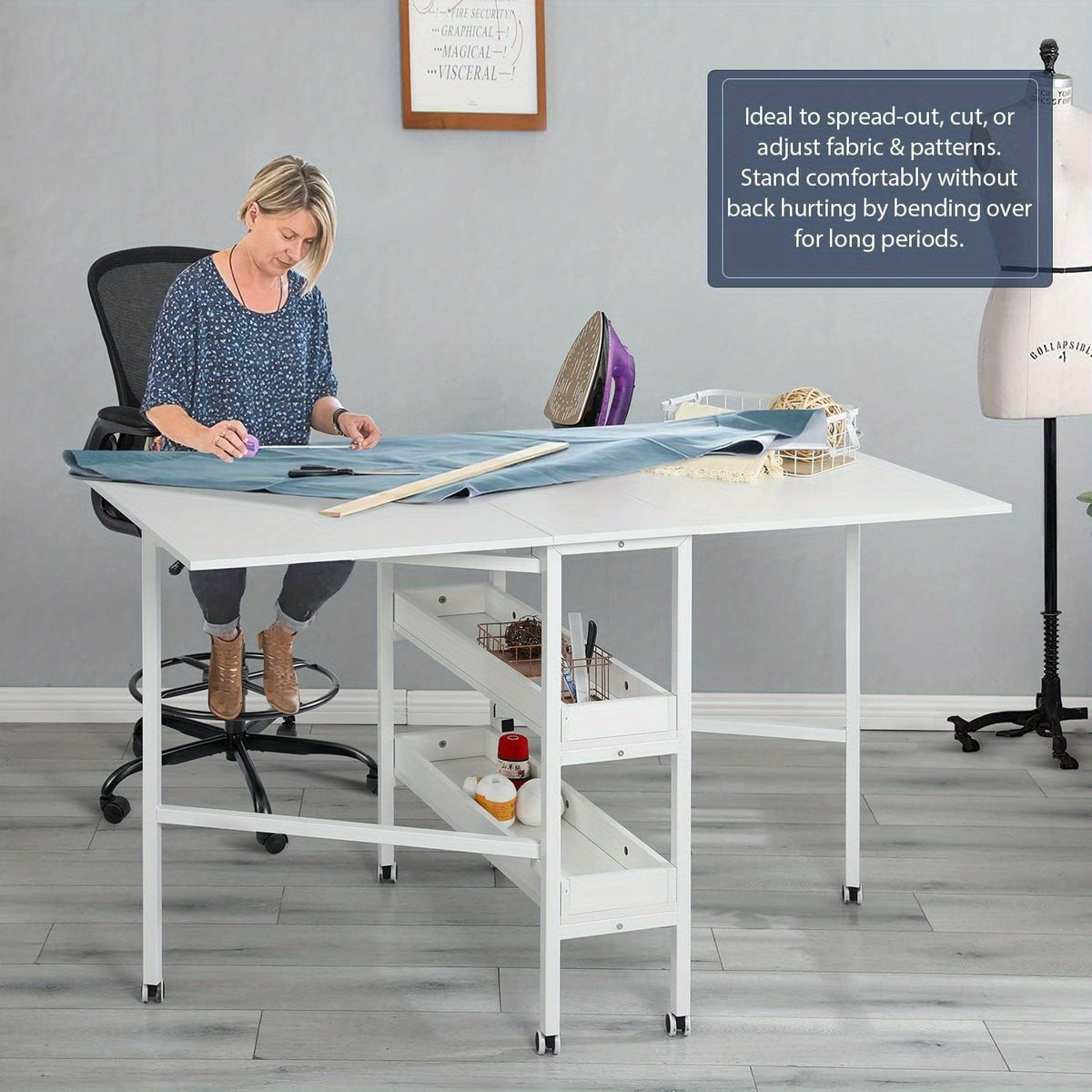 Home Hobby Sewing Table with Storage Shelves, Mobile Folding Cutting Table for Large Fabric, Foldable Craft Table for Home Office & Craft Room