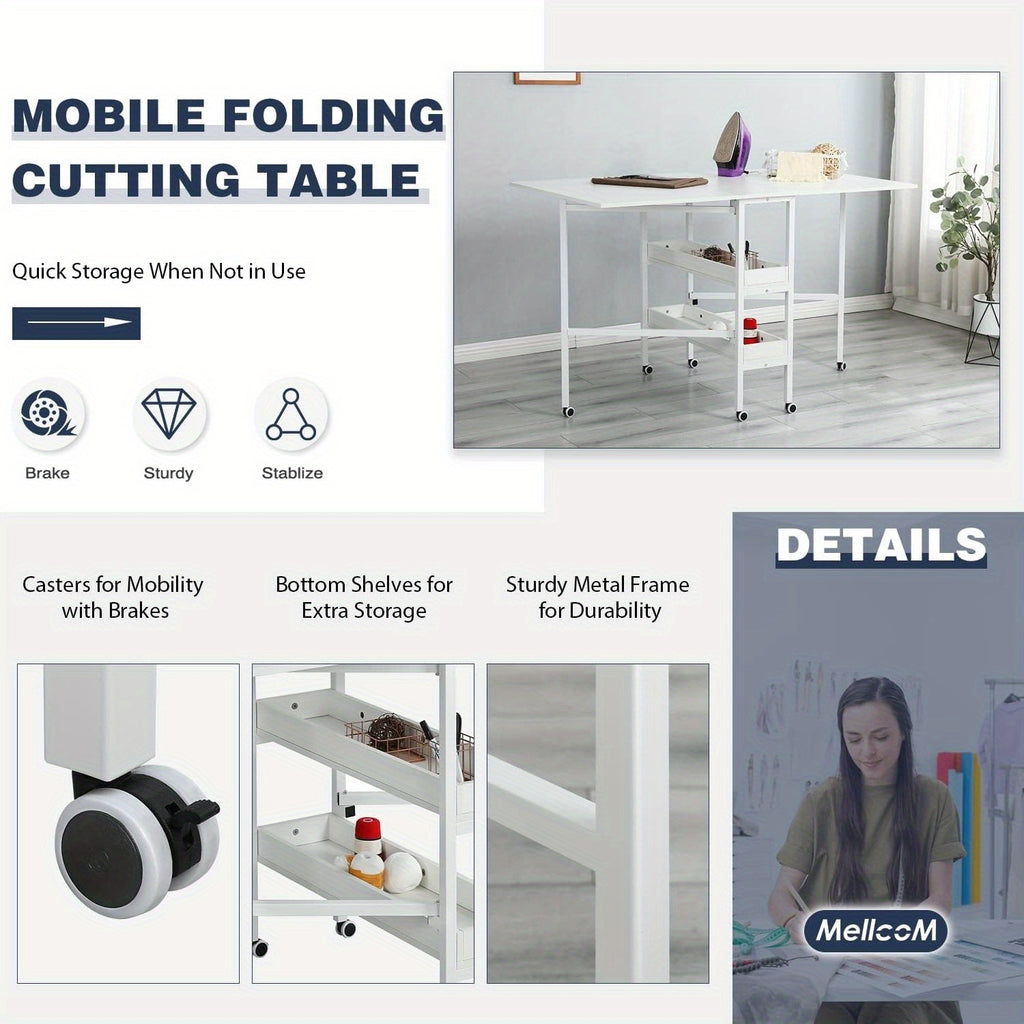 Home Hobby Sewing Table with Storage Shelves, Mobile Folding Cutting Table for Large Fabric, Foldable Craft Table for Home Office & Craft Room
