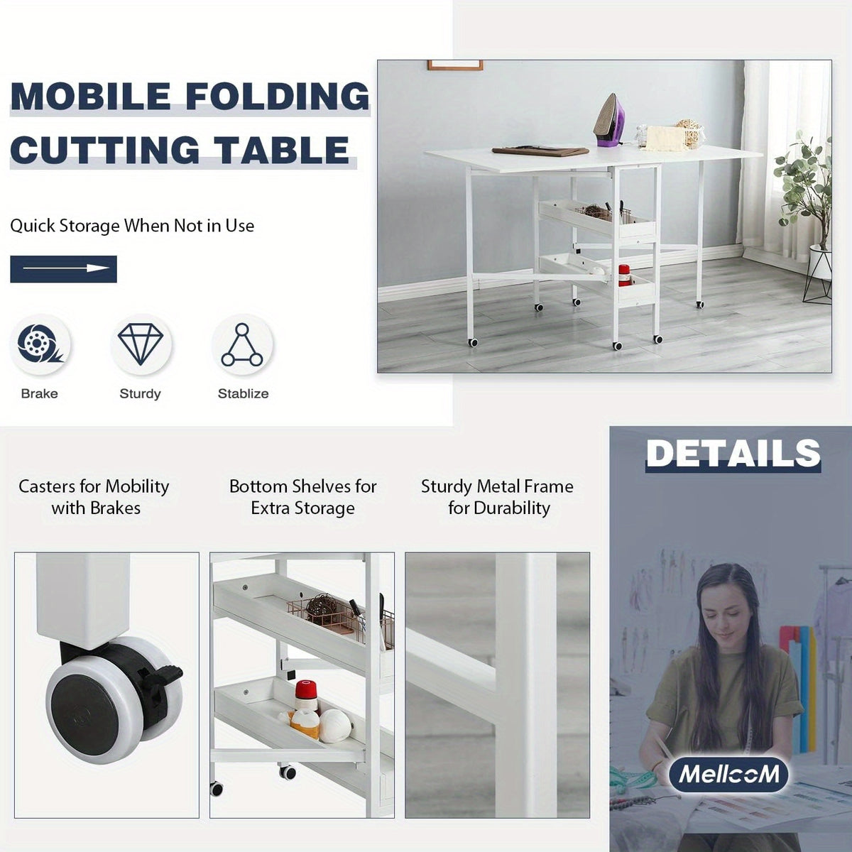 Home Hobby Sewing Table with Storage Shelves, Mobile Folding Cutting Table for Large Fabric, Foldable Craft Table for Home Office & Craft Room