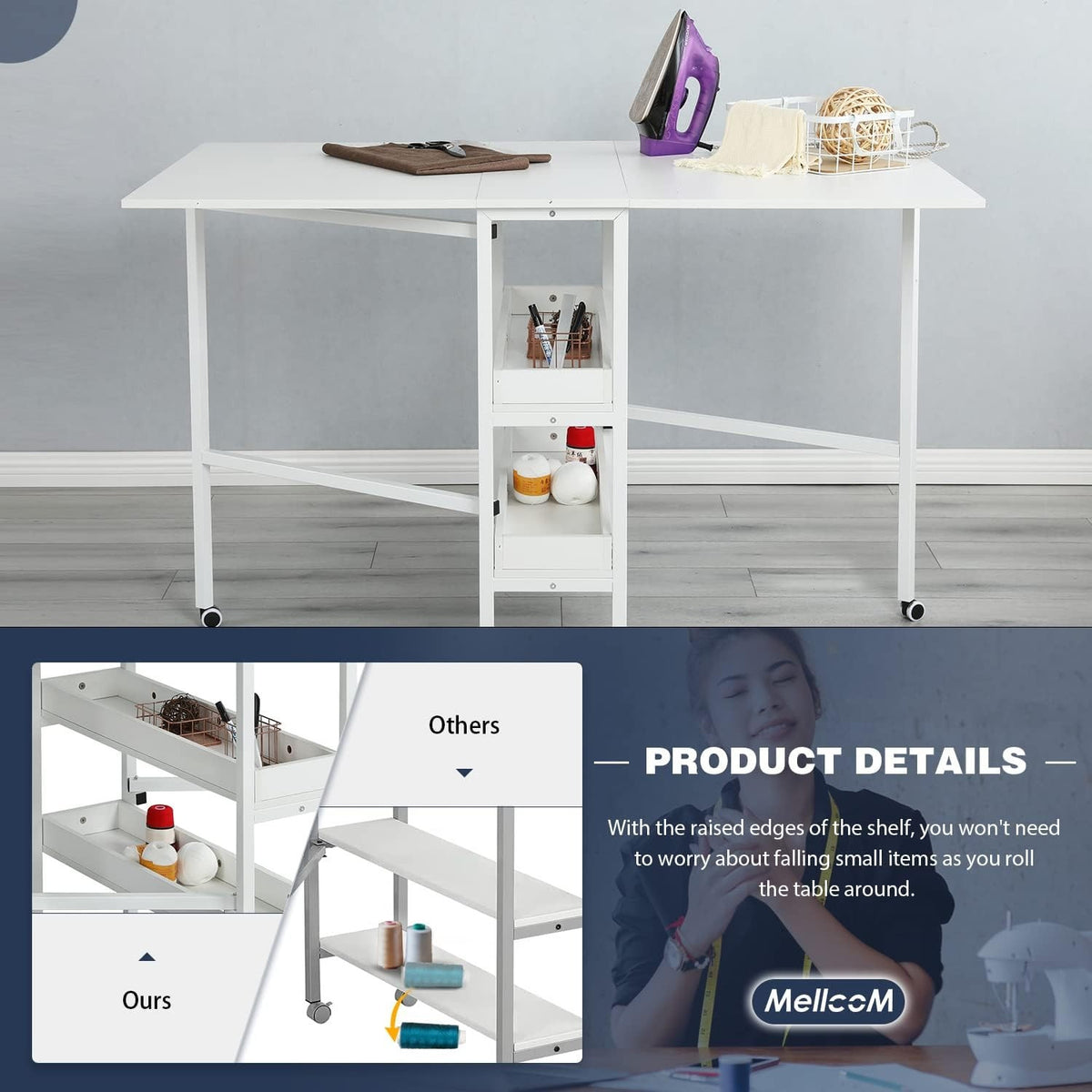 Home Hobby Sewing Table with Storage Shelves, Mobile Folding Cutting Table for Large Fabric, Foldable Craft Table for Home Office & Craft Room