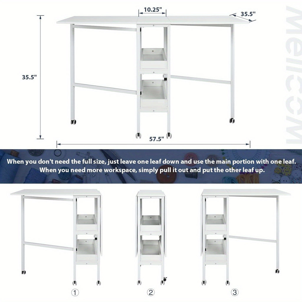 Home Hobby Sewing Table with Storage Shelves, Mobile Folding Cutting Table for Large Fabric, Foldable Craft Table for Home Office & Craft Room
