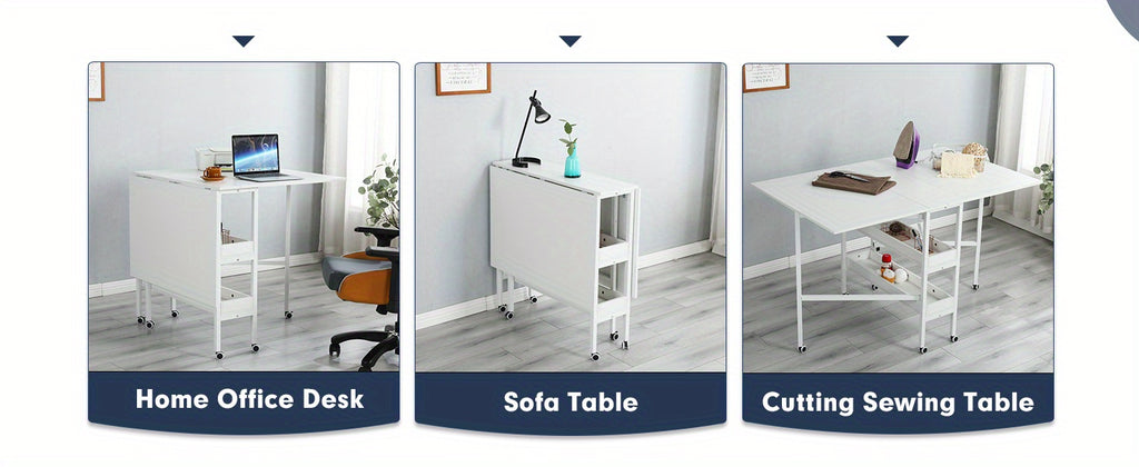 Home Hobby Sewing Table with Storage Shelves, Mobile Folding Cutting Table for Large Fabric, Foldable Craft Table for Home Office & Craft Room
