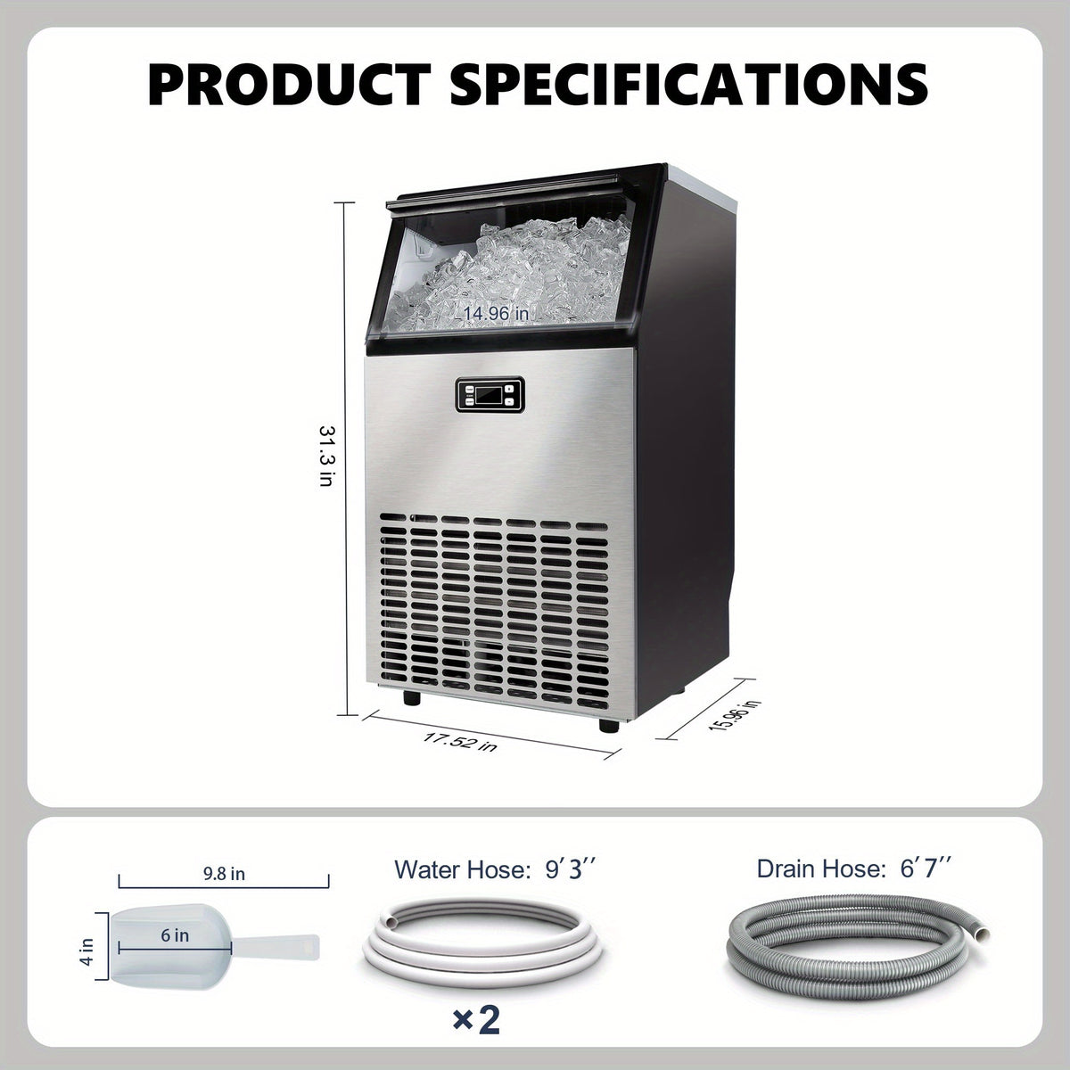 Commercial Ice Maker Machine, 100lbs/24H Stainless Steel Under Counter Ice Machine with 33lbs Ice Storage Capacity, Freestanding Ice Maker.