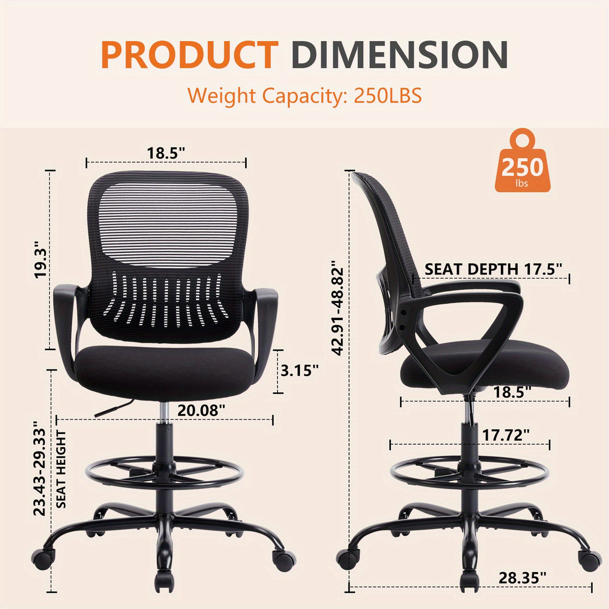 Home Office Drafting Chair Standing Desk Chair Tall Office Chair for Standing Desk, Tall Desk Chair Counter Height Adjustable Office Chairs with Comfortable Armrests, Bundle Pack